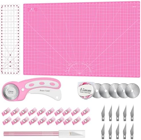 Rotary Cutter Set Pink- Quilting Kit incl. 45mm Fabric Cutter, 5 Replacement Blades, A1 Cutting Mat, Acrylic Quilting Ruler and Sewing Clips, Craft Knife Set, Ideal for Crafting, Sewing, Patchworking by HeadleyTools