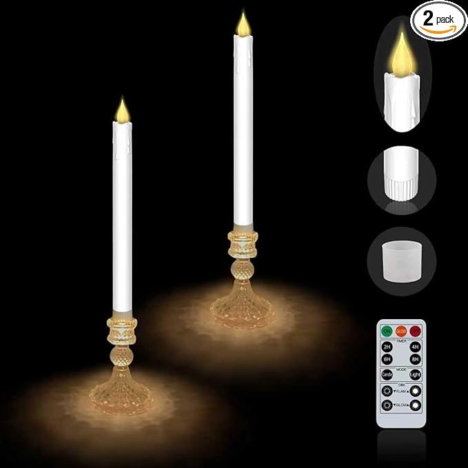 Flameless LED Taper Candles Wish Illuminated Holder - Glass Candle Holder, Remote Timer 2AA Battery Operated 500+ Hours for Thanksgiving/Xmas Decor, Wedding Centerpiece (White, 2 Pack)