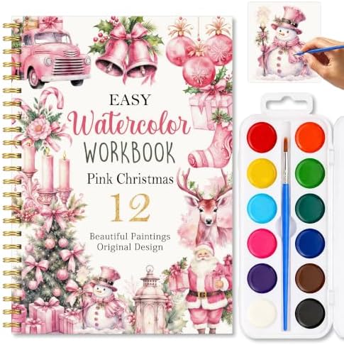 Christmas Gift, Pink Christmas Watercolor Workbook, Water Coloring Book with Pink Xmas Designs, 12 Beautiful Xmas Paintings Designs, Watercolor Book Set with Palette and Brush, Relaxing Art Beginners by Unknown