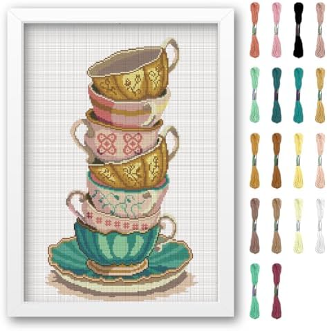 FREEBLOSS Cross Stitch Kits for Beginners Tea Cups Stamped Cross Stitch Patterns Landscapes Cross Stitch Wall Hanging Kit DIY Embroidery Needlepoint Kit Embroidery Kit for Adults 35x50cm by FreeandCreativeCraftsArt