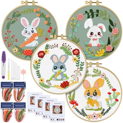 ERKOON 4 Sets Embroidery Kit, Animal Cross Stitch Set for Include Embroidery Cloth Hoops Threads for Craft Lover Hand Stitch (Rabbit) by ERKOON