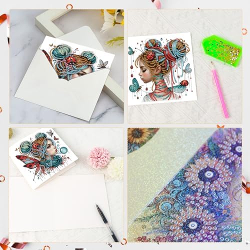 Tontut 6pcs Diamond Art Painting Kit Greeting Card, Temperament Butterfly Lady 5D DIY Diamond Handmade Holiday Sparkling Greeting Card with Envelope, Holiday Gift Congratulation - Image 4