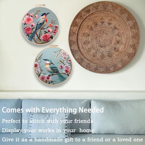 FONNUY Embroidery Kit for Beginners, Hummingbird Flowers Pre-Stamped Pattern Kits for Adults with Hoop, Easy to Follow Color Thread Needlework, 8''Hoop (Blue) - Image 4