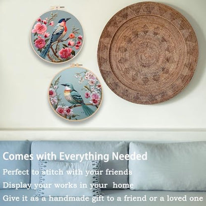 FONNUY Embroidery Kit for Beginners, Hummingbird Flowers Pre-Stamped Pattern Kits for Adults with Hoop, Easy to Follow Color Thread Needlework, 8''Hoop (Lightblue) - Image 4