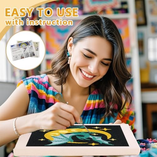 Doodlream Dragon Moon DIY Punch Needle Embroidery Kit for Adult Beginner, 9.4" Dragon Stars Punch Stitching Craft Set for Starter with Frame,Fabric Pattern,Threader, Yarn, Pinch Needle - Image 3