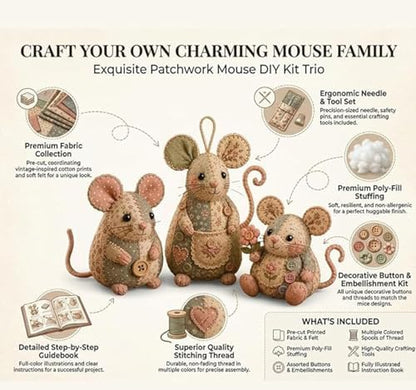 Patchwork Mouse DIY Kit, Handmade Sewing Craft Set,Cute Mouse Ornament DIY Kit, Pre-Cut Floral Fabric Sewing Set with Tools & Stuffing, for Adults, Beginners, Gift for Birthdays, Holidays (Type B) - Image 6