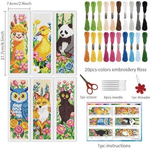 INFUNLY 6Pcs Animal Cross Stitch Bookmark Kit 3x8.5 Inch Stamped Embroidery Kit for Adults with Backing Felt Floss Pre Printed Fabric Needlepoint Bookmark Set DIY Craft Gift for Readers Writers - Image 2