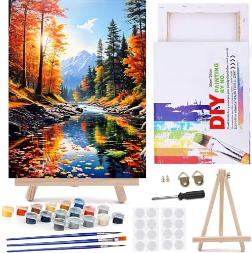 MaiMMaledy Paint by Numbers Kit for Adults Beginners Canvas Pictures with Framed Drawing Painting Acrylic Pigment with Wooden Triangle Easel Colorful Natural Scenery 8Wx12L inch by MaiMMaledy