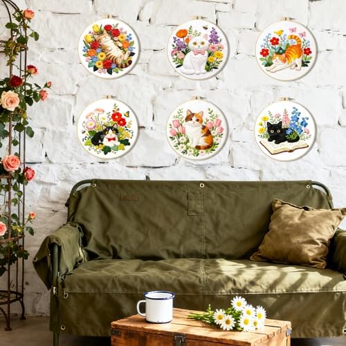 BEUNITONE 6 Set Cat and Flowers Embroidery Kit for Adults Beginners, Pre-Stamped Pattern Needlepoint Kits with Hoop, Tools, Instruction, Hand Embroidery Kits for Gifts, Fabric and Home Decor 7.9x7.9 - Image 6