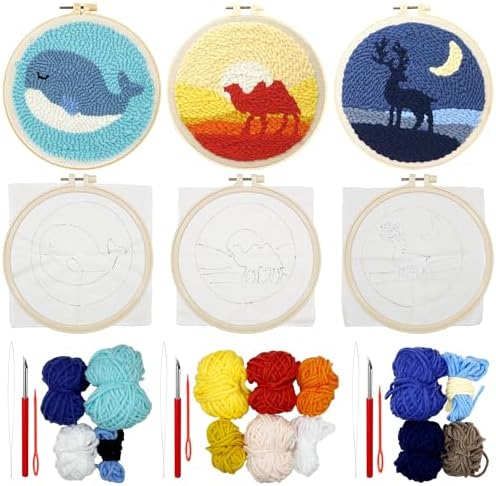 Allazone 3 Set Punch Needle Embroidery Kits, Punch Needle Kits for Adults Beginner, Punch Needle Tool with Punch Needle Cloth, Yarns and Sewing Needles (Camel, Whales), animal by Allazone