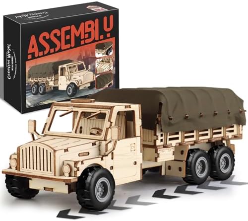 Military Truck 3D Wooden Puzzles for Adults to Build, DIY Assembly Building Toys with Pull Back Action, 118pcs Car Model Building Kits with Removable Cover, Creative Gift for Teens and Men by Unknown