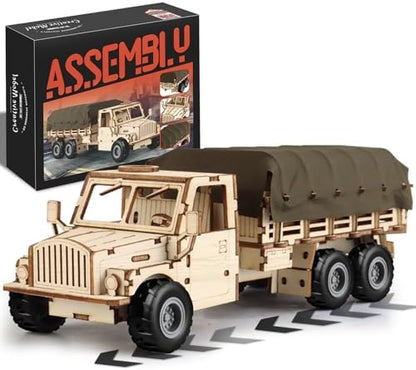 Military Truck 3D Wooden Puzzles for Adults to Build, DIY Assembly Building Toys with Pull Back Action, 118pcs Car Model Building Kits with Removable Cover, Creative Gift for Teens and Men by Unknown