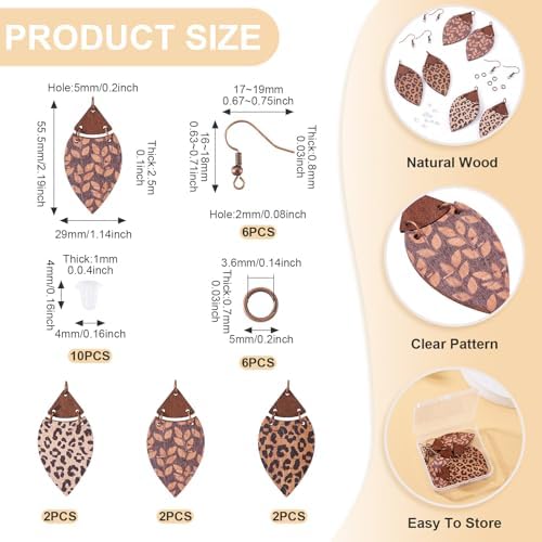 Elecrelive 3 Pairs Leopard Print Earrings Making Kits Brown Wooden Charms Leaf Pattern Wood Earring Blanks Oval Dangle Pendants with Jump Rings DIY Craft Jewelry - Image 5