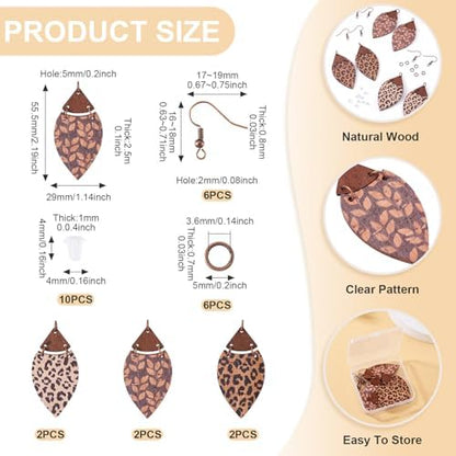 Elecrelive 3 Pairs Leopard Print Earrings Making Kits Brown Wooden Charms Leaf Pattern Wood Earring Blanks Oval Dangle Pendants with Jump Rings DIY Craft Jewelry - Image 5