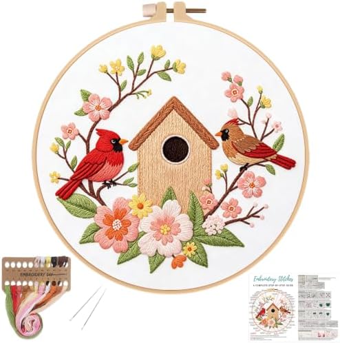 Louise Maelys Cardinal Birdhouse Flowers Embroidery Kit for Beginners by LouiseMaelys