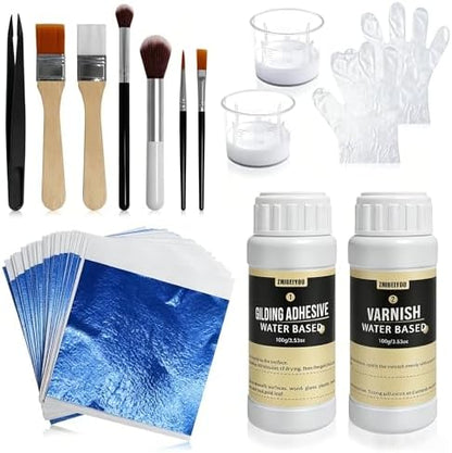 100 Pieces Blue Gold Leaf Sheets,Complete Gilding Adhesive Kit for Leaf by ZHIBEIYOU