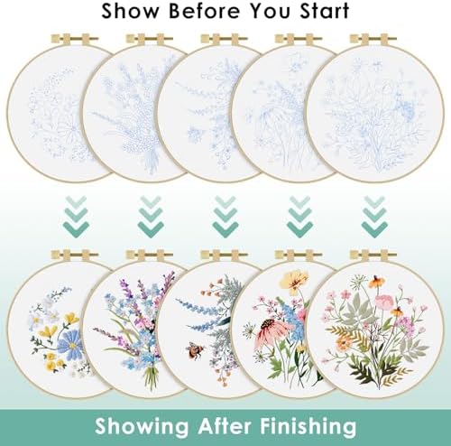 ERKOON Embroidery Kit for Beginners, 5 Sets Flower Cross Stitch Set for Adults Include Embroidery Cloth Hoops Threads for Craft Lover Hand Stitch with Skill Techniques (Flower) - Image 4