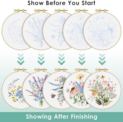 ERKOON Embroidery Kit for Beginners, 5 Sets Flower Cross Stitch Set for Adults Include Embroidery Cloth Hoops Threads for Craft Lover Hand Stitch with Skill Techniques (Flower) - Image 4