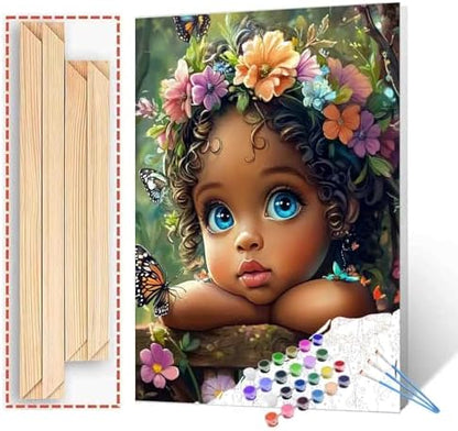 DIY Paint by Numbers for Adults Cute Little Girl Painting Acrylic Paint African American Expression DIY Oil Painting Kits Curly Hair Girl Canvas Wall Art Living Room Decor 16x20 Inch（DlY Frame ） by TUMOVO