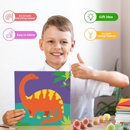 goldentime 6 Pack 8x8inch Paint by Numbers Kit for Kids, Predrawn Canvas for Painting with Unicorn, Butterfly & More, Includes 18 Acrylic Paints, 6 Brushes & Easels, Easy Art Supplies for Kids 4-8-12 - Image 4