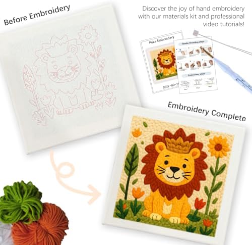 SDOYUNO Punch Needle Kit with Frame for Adults Beginners Kits 9.84 x 9.84 Inch Embroidery Starter Kits Punch Needle Kit with Lion Pattern, Threader, Yarns, Rug Punch, DIY Craft Kits (Yellow) - Image 3