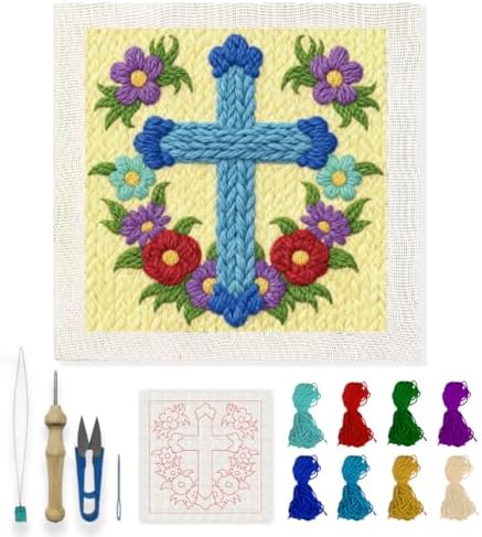INFUNLY Cross Flowers Punch Needle Kits for Beginner Adult Floral DIY Punch Needle Embroidery Starter Kit for Wall Hanging Blue Cross Needlepoint Kit with Instruction for DIY Crafts Gift Home Decor by INFUNLY