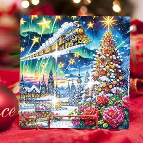 jinglinhh 6pcs Christmas Tree Train Village House Flowers Diamond Art Painting Greeting Cards with Envelopes, DIY Card Making Kits for Adults, Diamond Art Postcards Holiday Cards Craft Gifts - Image 5