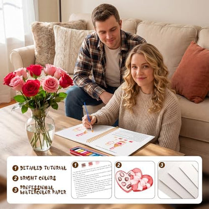 Valentine's Day Watercolor Workbook for Adults, Beginner Friendly Watercolor Painting Kit Pattern Water Coloring Book, Valentines Themed Practice Art Gift Water Color Paint Book with Palette Brush - Image 3