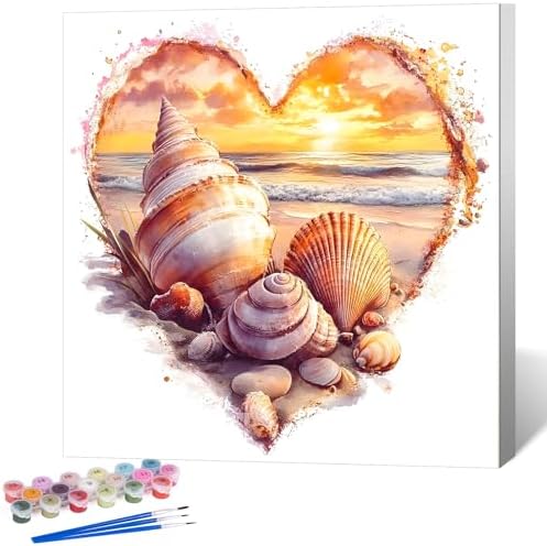 Framed Paint by Numbers Kit for Adults, Heart Seashell Beach Art 10x10 Inch by Okarina