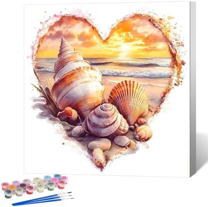 Framed Paint by Numbers Kit for Adults, Heart Seashell Beach Art 10x10 Inch by Okarina