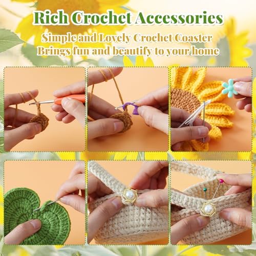 LOMOHOO Crochet Kit for Beginners, 5PCS Crochet Coasters Kit, Sunflower Potted Plant Crochet Kit with Crochet Hook, Colorful Yarn, Stitch Marker, Instruction, Craft Lover DIY Material Tools(Sunflower) - Image 5