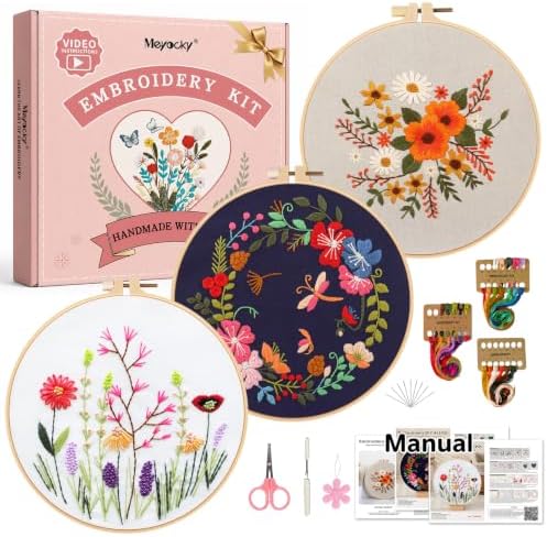 Meyocky Embroidery Kit for Beginners with Floral Leaf Patterns Stitch Video by Meyocky