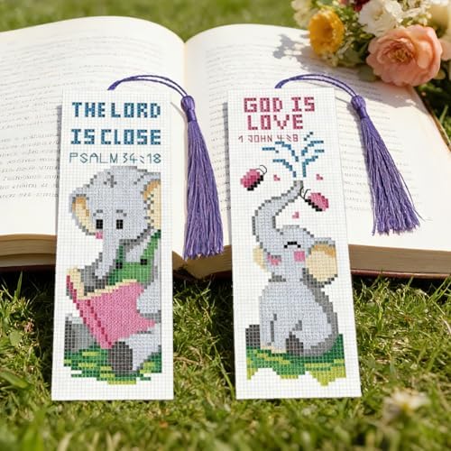 INFUNLY 6 Pcs Cute Elephant Cross Stitch Bookmark Kit with Tassels, Stamped Pre-Printed Bible Verse Embroidery for Adults Beginners, DIY Floss Scissors Needles Tool Set, Craft Gift for Book Lovers - Image 2