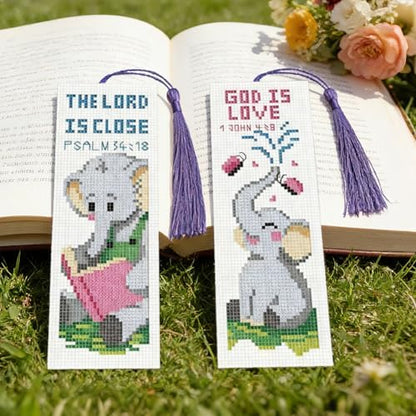 INFUNLY 6 Pcs Cute Elephant Cross Stitch Bookmark Kit with Tassels, Stamped Pre-Printed Bible Verse Embroidery for Adults Beginners, DIY Floss Scissors Needles Tool Set, Craft Gift for Book Lovers - Image 2
