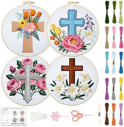 BEUNITONE 4Set Cross and Flowers Pattern Embroidery Kit for Adult Beginners by BEUNITONE