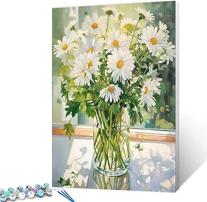 Tucocoo White Daisy DIY Paint by Numbers for Adults White Flowers with Green Leaves in Vase DIY Oil Painting Kits Canvas with Acrylic Paint Floral Plant Art 16x20 Inch （DIY Frame ） by Tucocoo