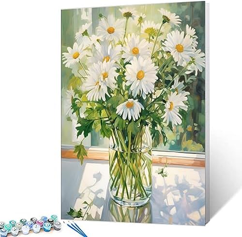 Tucocoo White Daisy DIY Paint by Numbers for Adults White Flowers with Green Leaves in Vase DIY Oil Painting Kits Canvas with Acrylic Paint Floral Plant Art 16x20 Inch （Without Frame ） - Image 2