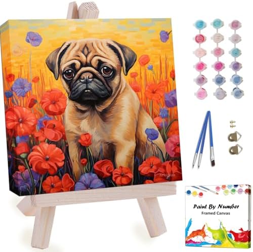 Artunion Framed Paint by Numbers Kit for Adults Beginners & Kids Ages 8-12,Pug Dog Paint by Number with Frame,Dog Animal Paint by Numbers Kit on Canvas 10 * 10 Inch Without Easel by ArtunionDriect