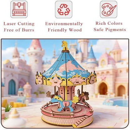 3D Wooden Carousel Puzzle, DIY Handcraft Merry‑Go‑Round Model Kit - Image 2