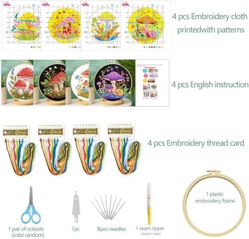 Zhenqing 4 Mushroom Cross Stitch Kit, 11CT Printed Fabric with Hoop - Image 5