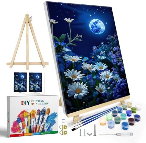 JOOZ Paint by Numbers Kit for Adults with Frame, Moon Paint by Number with Easel, DIY Starry Sky Flowers Oil Painting by Numbers, Easy Adult Paint by Number Kits on Canvas for Wall Decor 8x12 Inch by Jooz