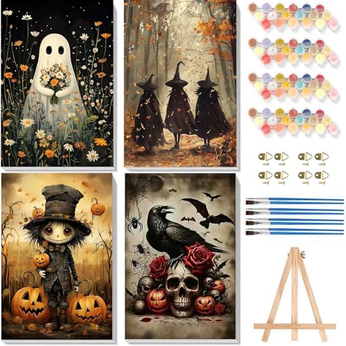 4 Pack Paint by Numbers Kit for Adults - Wooden Easel, Halloween Paint by Numbers with Frame, Halloween Adult Painting by Number Kits on Canvas, Easy Oil Painting Arts Gift Wall Decor 8x12inch by cviokrdu
