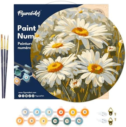 Figured'Art Paint by Numbers Kit for Adults on Wood Slice, 11.8in Diameter - Daisies - Craft Art Painting DIY Canvas - Image 7
