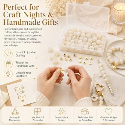 100Pcs 14mm Large Acrylic Beads for Jewelry Making, Chunky Marbled Round Focal Beads Bulk Set with Spacer Beads for DIY Bracelets Necklaces Keychains Bag Charms (White) - Image 2