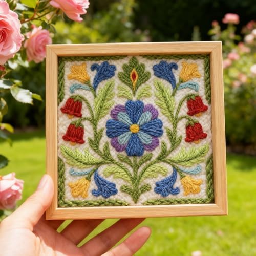 INFUNLY Retro Green Punch Needle Kit 9.4x9.4 inches Flowers Punch Needle Embroidery Kits Pastoral DIY Needles Stitching Kits for Beginners with Instruction Yarns Christmas Birthday Hanging Decor - Image 7