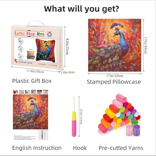 Colorful Peacock DIY Latch Hook Pillow Kits for Adults Printed Pillowcase Crochet Yarns Hooking Handmade Pillow Cover Cushion for Home Sofa Decoration 17x17inch - Image 2