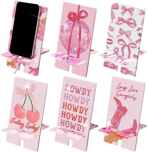 Saillong 6 Pcs Pink Bow Diamond Art Phone Stand, Full Drill DIY Holder by Saillong
