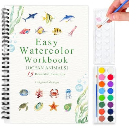 SLWBZ Watercolor Workbook Ocean Animals, 15 Different Patterns of Original DIY Designs, 16 Color Watercolor Paint Plates with Palette and Brush, Beginner-Friendly Watercolor Workbooks, Ocean Animals by Unknown