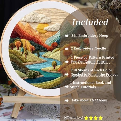 FONNUY Embroidery Kit for Beginners, Brightly Colored Landscape Lake Pre-Stamped Pattern Kits for Adults with Hoop, Easy to Follow Color Thread Needlework, 8'' Hoop (Lightblue) - Image 2
