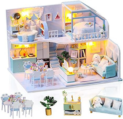 GuDoQi DIY Miniature Dollhouse Kit, Tiny House kit with Furniture, Miniature House Kit 1:24 Scale, Great Gift for Birthday Christmas Day, Beautiful Blue Room by GuDoQi